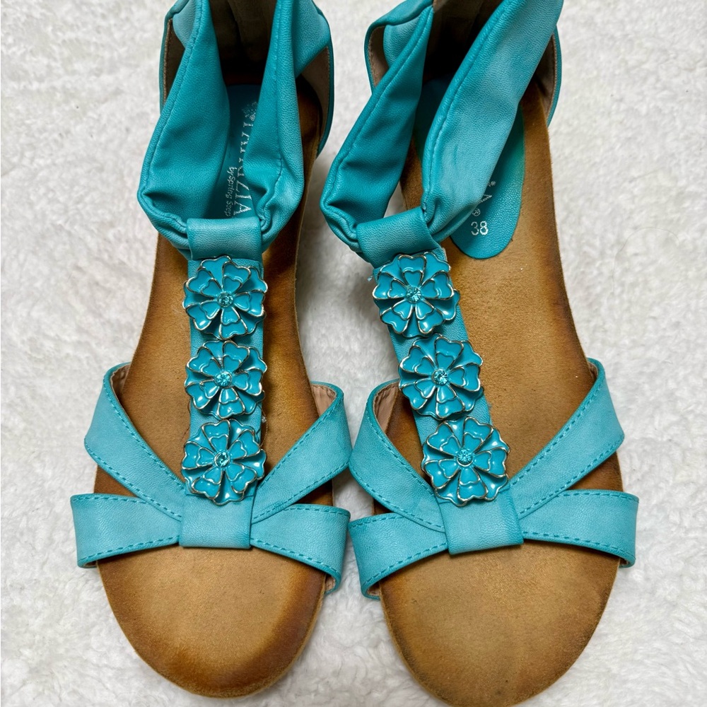 Patrizia Spring Step Teal Wedge T-strap Floral Jeweled Comfort Resort Shoes 7